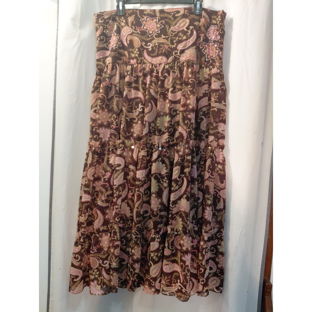 ZASHI Women's‎ Brown & Pink Paisley Sheer Overlay Sequin  Tiered Gold Chain Maxi
